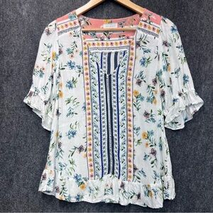 LUCKY BRAND- Border-Print V-Neck Ruffle Top Size M